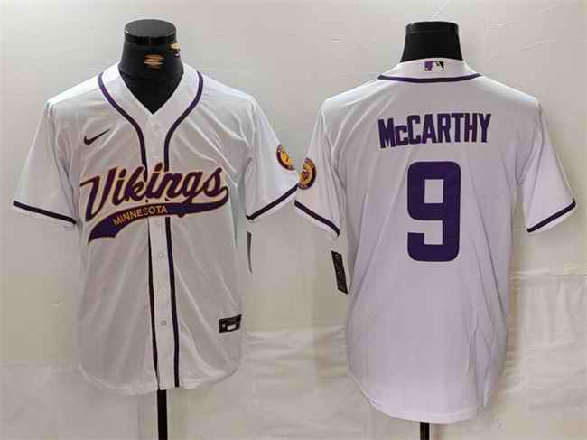 Men's Minnesota Vikings #9 J.J. McCarthy White Cool Base Stitched Baseball Jersey